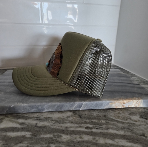New Little Bird Trucking | Cherie Berry Trucker Hat | Olive Green | Feathers - Picture 2 of 7